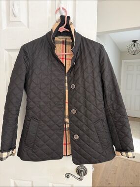 Burberry Black Quilted Utility Jacket with Beige Check Trim
